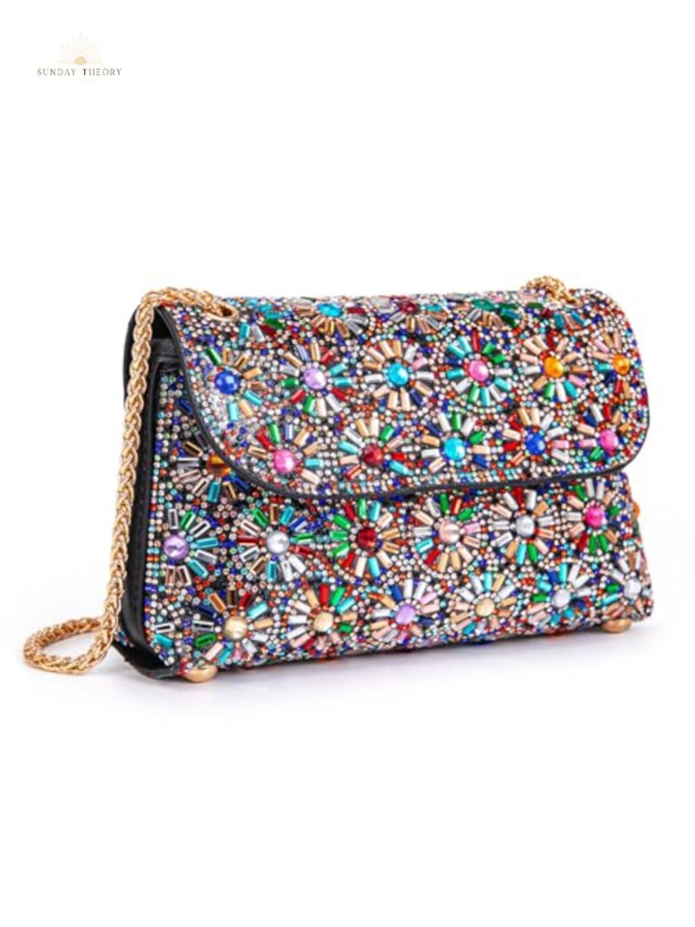 Rhinestone Floral Evening Clutch Crossbody Bag with Chain